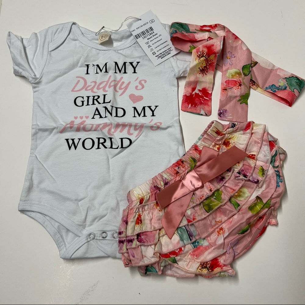 3PC Baby girl  Floral Print Ruffle Bottom Matching Set Outfit  6 Months